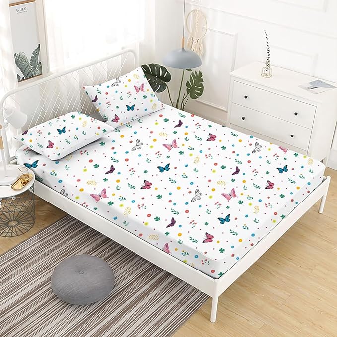 Girls Butterfly Fitted Sheet Set for Kids Teens Colorful Flowers Bed Sheet Queen Size 3D Print Dreaming Style Sheet Set 3 Piece