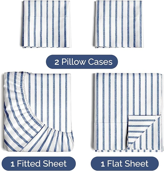 CGK Linens Twin 4 Piece Sheet Set - Cooling Sheets for Hot Sleepers - Hotel Luxury Bedding Set with 8-16 Inch Deep Pockets - 1 Flat & 1 Fitted & 2 Pillowcases - Soft and Wrinkle Free - Blue Stripes