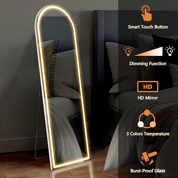 Sweetcrispy 63"x20" Mirror Full Length Standing Mirror with LED Lights, Lighted Floor Mirror with Stand, w/Dimming & 3 Color Lighting, Wall Mirror Full Length Aluminum Alloy Thin Frame, White