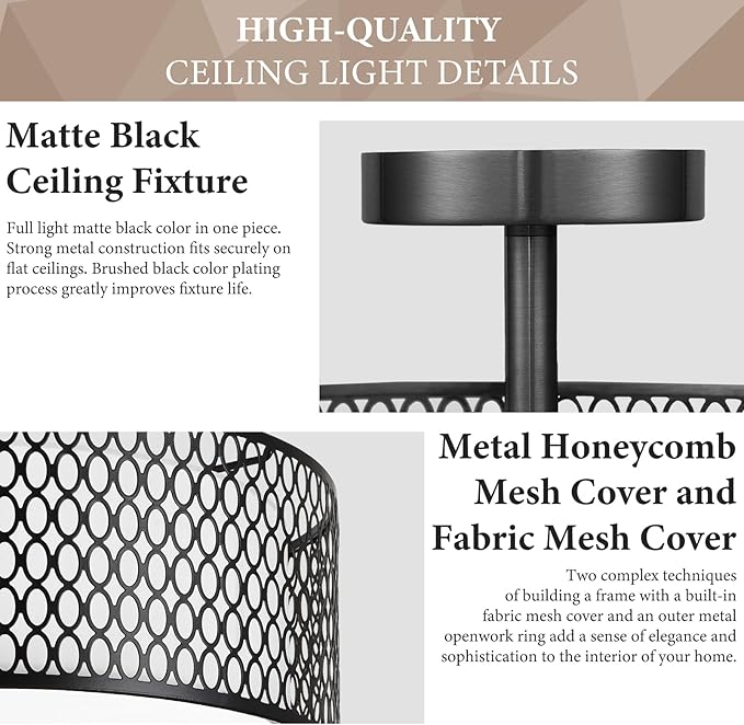 17" Semi Flush Mount Ceiling Light Fixture, Modern 3-Light E26 Double Drum Ceiling Lighting with Matte Black Iron Mesh Cage for Living Room Bedroom Hallway Entryway, Black