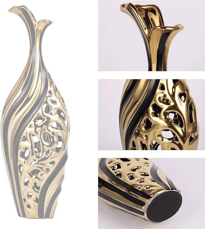 19 Inch Tall Floor Vase, Black and Gold Ceramic Vase, Pottery Decorative Vase, Unique Pampas Grass Vase for Living Room Floor, Home Office, Porch Home Centerpieces Decorative Large Vase