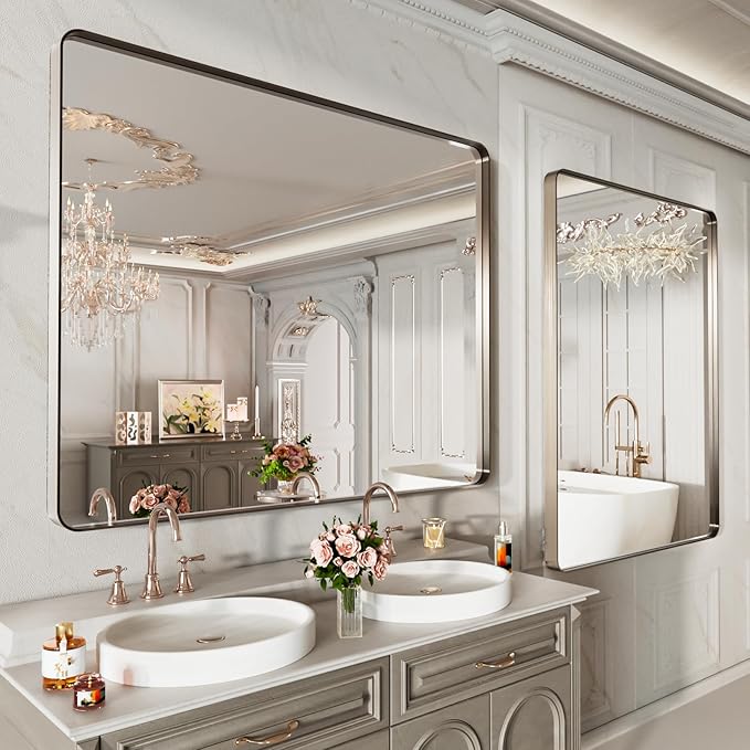 LOAAO 40X24 Inch Brushed Nickel Bathroom Mirror, Rounded Rectangle Silver Metal Frame Mirror, Brushed Nickel, Anti-Rust, Hangs Horizontally or Vertically