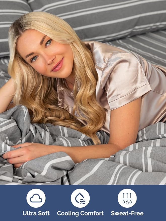 Extra Deep Queen Sheet Set - 6 Piece Breathable and Cooling Sheets - Hotel Luxury Bed Sheets Set - Easy Fit - Soft, Wrinkle Free and Comfy Sheets Set - Grey Striped Sheet Set with Extra Deep Pockets
