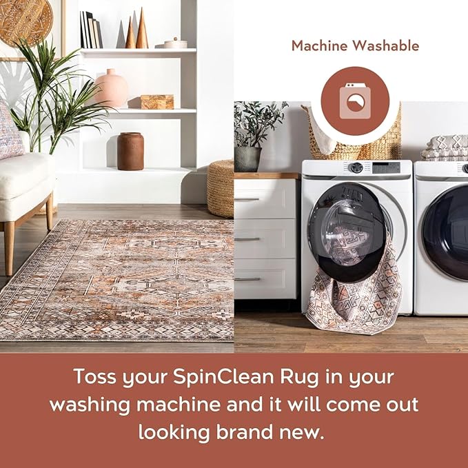 nuLOOM 4' x 6' SpinClean Machine Washable Stain-Resistant Area Rug with Non Slip Backing, Low Profile for Living Room, Bedroom, and Dining Room, Mae Brown