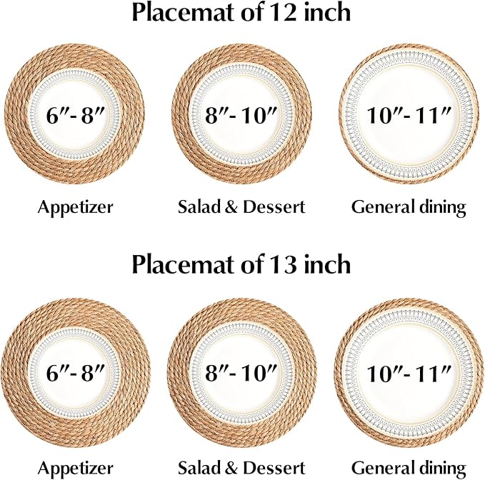 Round Woven Placemats - Boho Rattan Placemats Natural Water Hyacinth Farmhouse Weave Place Mats, Rustic Braided Wicker Table Mats for Dining Table,Home,Wedding (12 inch Set of 6)