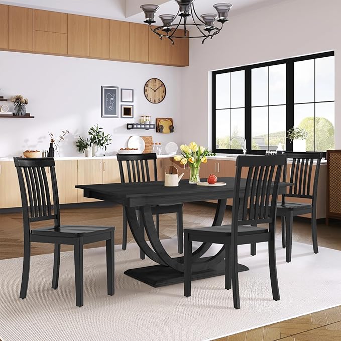 COLAMY Wooden Dining Chairs Set of 2, Solid Rubberwood Kitchen & Dining Room Chairs, High Spindle Back Windsor Style, Modern Dining Table Chairs, Non-Slip Foot Pads, Minimalist Home Furniture,Black