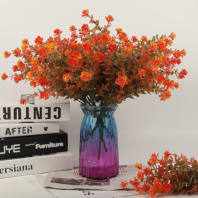 12 Bundles Artificial Outdoor Flowers UV Resistant Fake Plastic Plants No Fade Faux Fall Flowers for Hanging Planter Garden Porch Patio Window Box Wedding Thanksgiving Halloween Decor, Fall Orange