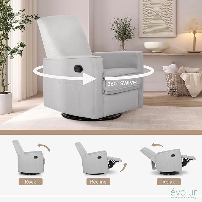 Evolur Raleigh Upholstered Plush Seating Glider Swivel, Recliner, Glider For Nursery In Misty Grey, Greenguard Gold Certified, Modern Nursery Recliner, Environmentally Conscious Glider