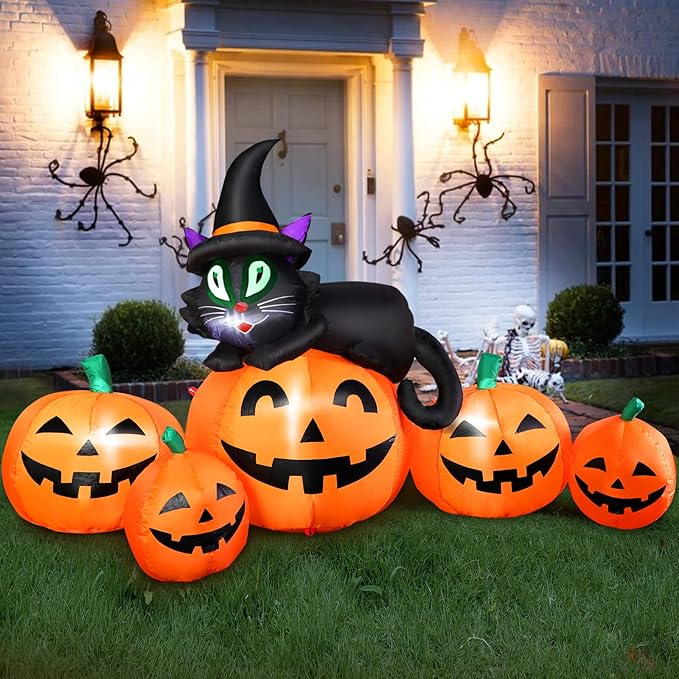 5FT Halloween Inflatable Pumpkin Outdoor Decoration, Lighted Blow Up Yard Decor, 5PCS Pumpkins with Witchâs Black Cat Built-in LED Lights for Balcony Home Holiday Party Lawn Patio Outside Events Prop