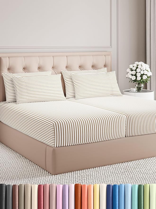 CGK Linens Split King 7 Piece Sheet Set - Cooling Sheets for Hot Sleepers - Hotel Luxury Bedding Set w/ 8-16 Inch Deep Pockets - 1 Flat & 2 Fitted & 4 Pillowcases - Soft & Wrinkle Free - Beige Stripes