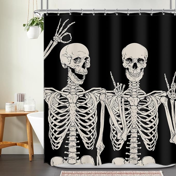 Funny Skull Skeleton Shower Curtain Gothic Spooky Black White Retro Bone Cool Horror Halloween Modern 60Wx72L Inch Shower Curtain Bathroom Set Bath Curtain Bathtub Accessories Home Decor