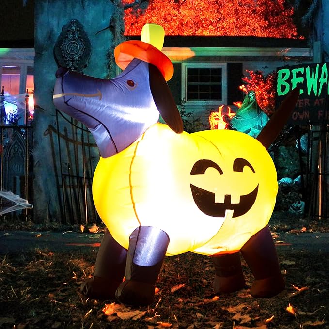 4FT Long Halloween Inflatable Pumpkin Dog Decoration with LED Lights Pumpkin Dachshund Blow up Decorations Outdoor Indoor Holiday Yard Graden Decor
