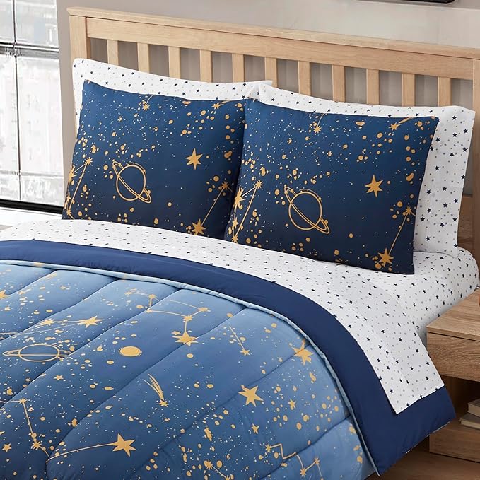 Kids Bedding Set Bed in a Bag for Boys and Girls Toddlers Printed Sheet Set and Comforter, Full, Galaxy