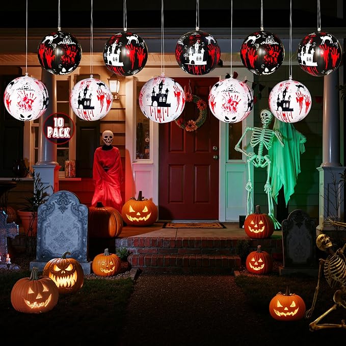 10 PCS 11.8 inch Hanging Halloween Decorations Ball Set, Inflatable Hanging Halloween Ornament Balls with Bloody Handprints, Haunted Castles, Creepy Faces, Black Cats and Pumpkin for Yard,Party Decor