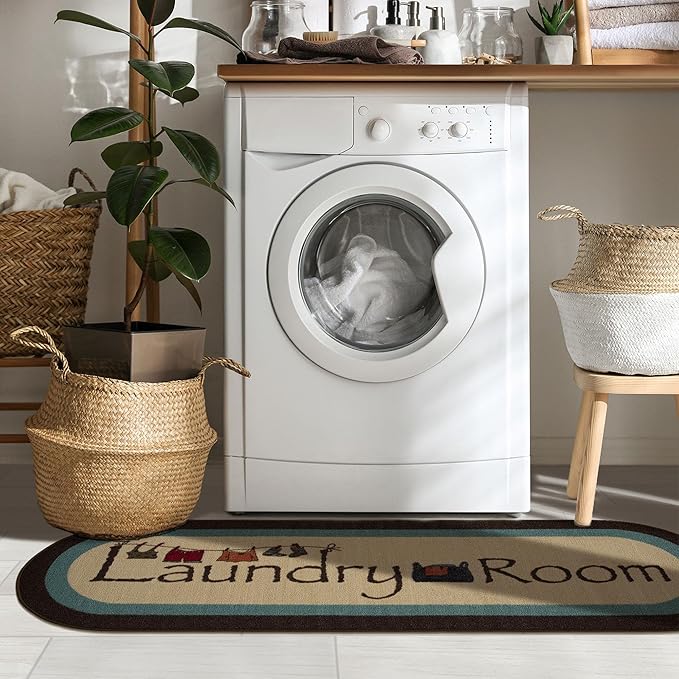 Ottomanson Laundry Collection Non-Slip Rubberback Bordered Design 2x5 Laundry Room Runner Rug, 20" x 59" Oval, Beige