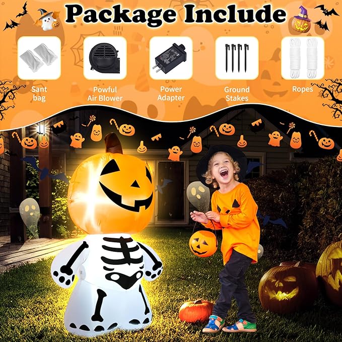 TRMESIA 4FT Halloween Inflatable Decoration,Outdoor Yard Blow up Decorations with Lights,Pumpkin Skeletons Inflatables Halloween Decor 24HLW-03-02