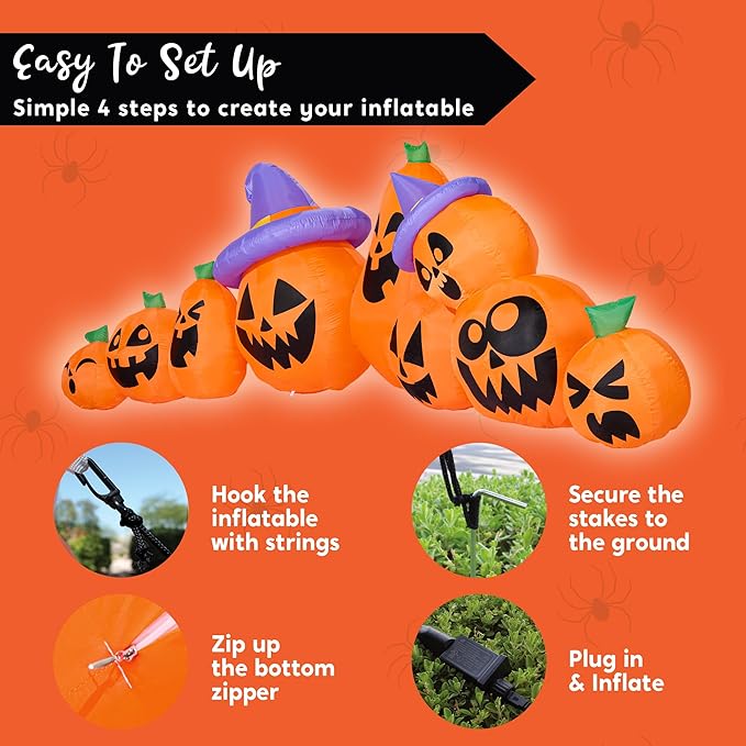 Joiedomi 12.5 FT Halloween Inflatable Pumpkin Outdoor Decorations, Blow Up Yard Decorations with Witch Hat, 9 Pcs Blow Up Pumpkin Inflatable with Built-in LEDs for Halloween Decor