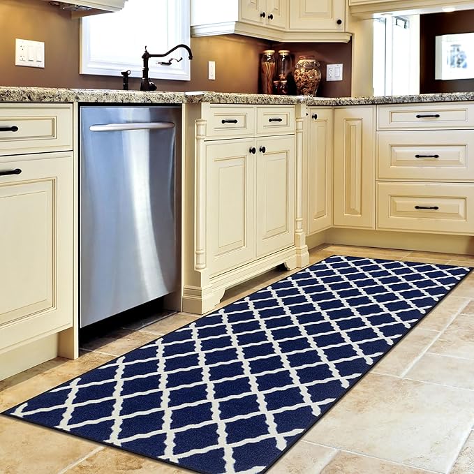 Ottomanson Glamour Collection Non-Slip Rubberback Moroccan Trellis Design 2x6 Indoor Runner Rug, 2'2" x 6', Navy