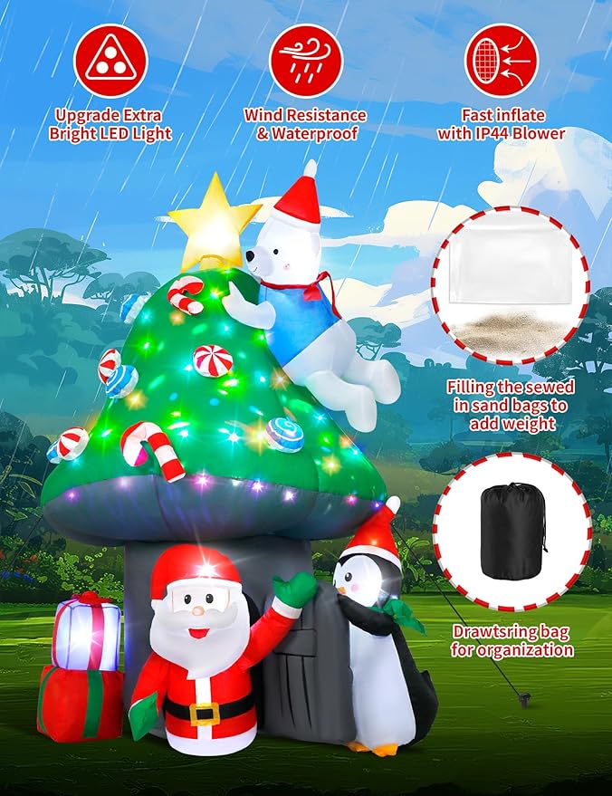 Christmas Inflatable Outdoor Decoration, 7FT Blow Up Mushroom House with Santa, Polar Bear & Penguin, Built-in Colorful Light Inflatable Christmas Tree & Gift Boxes for Xmas Party Yard Lawn Patio