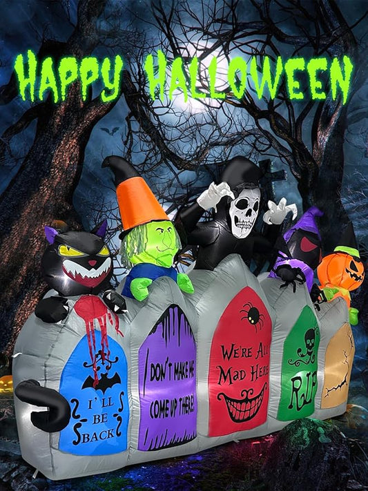 Kalolary 8FT Long Halloween Inflatable Decoration,Blow Up Yard Decoration with Pumpkin Ghost Witch Grim Reaper Black Cat Black Bat Tombstone Build-in Light Decor for Garden Lawn Indoor Outdoor