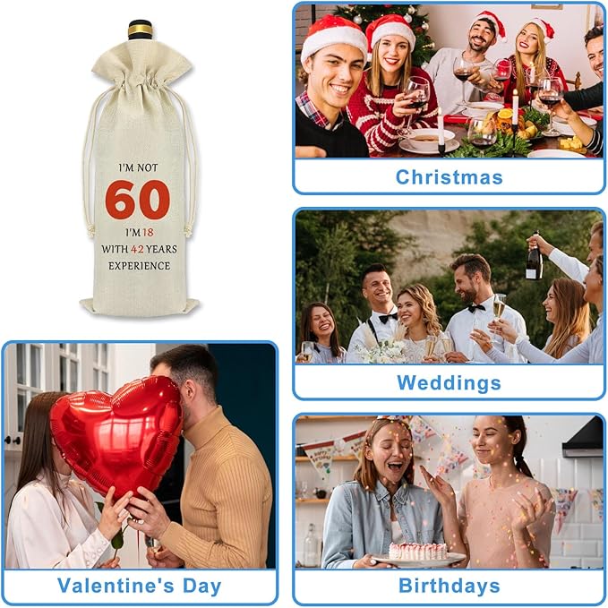 60th Gifts Idea 60th Birthday Decorative Wine Bag Funny 60 Year Old Birthday Gifts for Women Men Happy 60th Birthday Retirement Gift for Grandmother Grandpa Aunt Dad Mom Birthday Party Wine Bottle Bag
