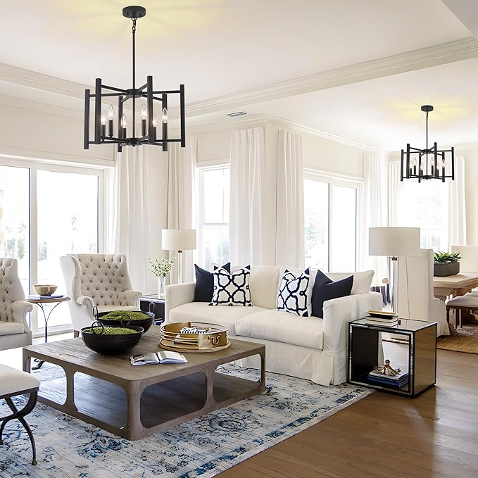 19.7'' Black Chandeliers 6-Light Modern Geometric Dining Room Chandelier Farmhouse Industrial Metal Pendant Light Fixture for Kitchen Living Room Entryway Foyer Hallway Bedroom
