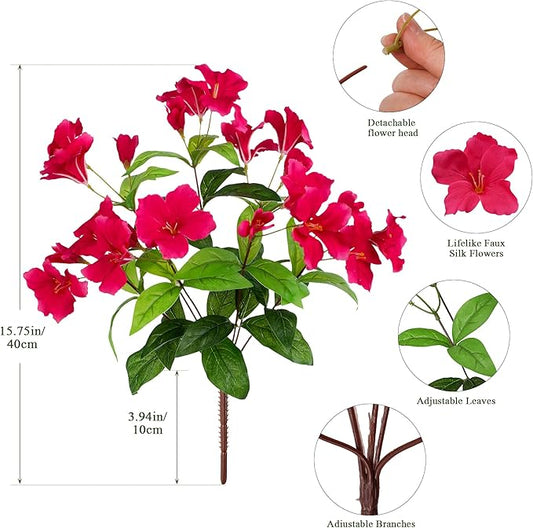Fake Plants 15.7"Plastic Flowers For Outdoors Artificial Azalea Flowers Fake Flowers Artificial Plants Outdoor Spring Flowers Artificial For Decoration Fake Plants For Outside (Rose Red )4Pcs