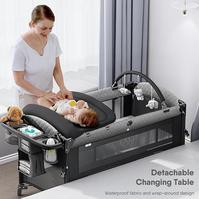 4 in 1 Baby Bassinet, Pack and Play, Bedside Crib Sleeper, Diaper Changer - Comes with Mattress, Mosquito Net,Bottom Storage and Toy Bar for Newborn to Toddles