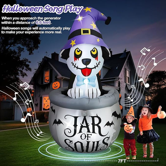 Kalolary 7FT Halloween Inflatables Animated Puppy Dog with Music, Witch Cauldron Halloween Blow Up Yard Decoration with Built-in LEDs for Indoor Outdoor Holiday Party Garden Lawn Decor