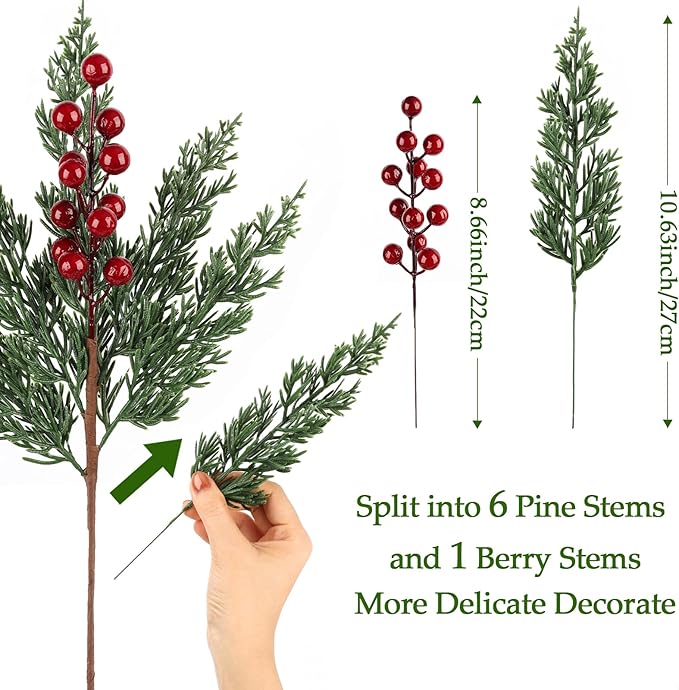 12Pcs/84Pcs Christmas Artificial Pine Branches with Red Berry Stems, 18‘’ Faux Evergreen Christmas Tree Picks, Cedar Cypress Leaves Stems for Xmas Decorations Indoor DIY Craft Garland Home Decor