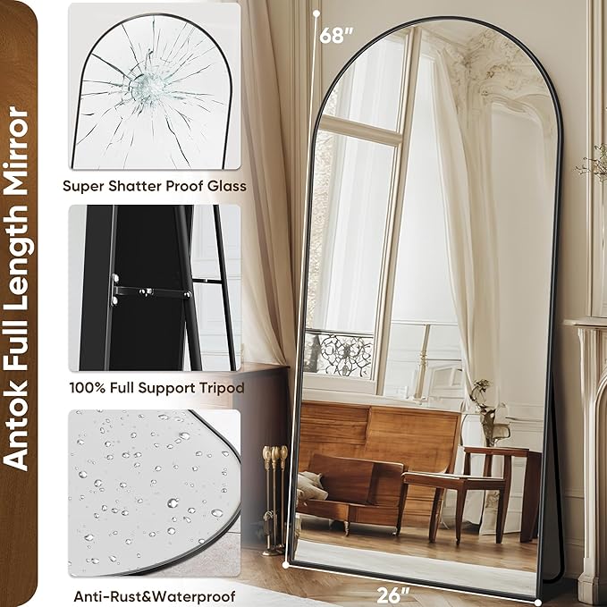 Full Length Mirror, 68"x26" Floor Mirror, Floor Standing Freestanding Arch Full Body Mirror with Stand for Bedroom, Hanging Mounted for Living Room Cloakroom, Black