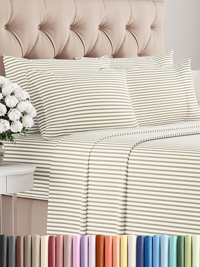 CGK Linens Queen 6 Piece Sheet Set - Cooling Sheets for Hot Sleepers - Hotel Luxury Bedding Set with 8-16 Inch Deep Pockets - 1 Flat & 1 Fitted & 4 Pillowcases - Soft & Wrinkle Free - Beige Stripes