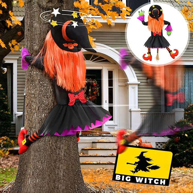 Large Crashing Witch Decor(55'' H), Halloween Decorations Clearance Outdoor Witch Props Ornaments, Hanging into Tree/Porch Pole/Door/Yard, with Adjustable Band, Outside Garden Funny Witches Crashed