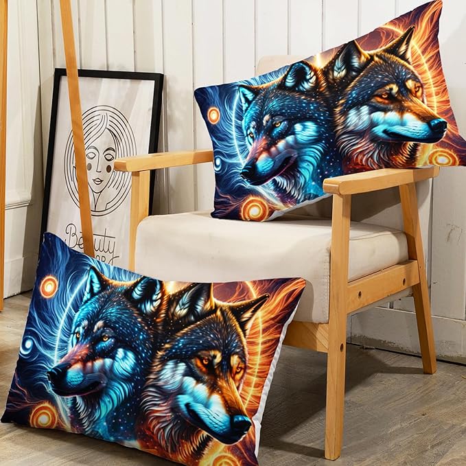 AILONEN Boys Wolf Fitted Sheet Set Full Wolf Bed Sheet Set, Wildlife Animal Theme Fitted Sheet with 2 Pillowcases,3 Pieces Ice and Fire Light Wolves Print Fitted Sheet Set