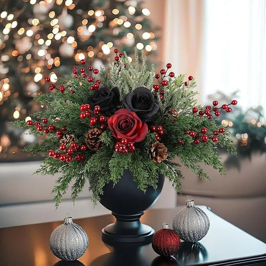 12Pcs/84Pcs Christmas Artificial Pine Branches with Red Berry Stems, 18‘’ Faux Evergreen Christmas Tree Picks, Cedar Cypress Leaves Stems for Xmas Decorations Indoor DIY Craft Garland Home Decor