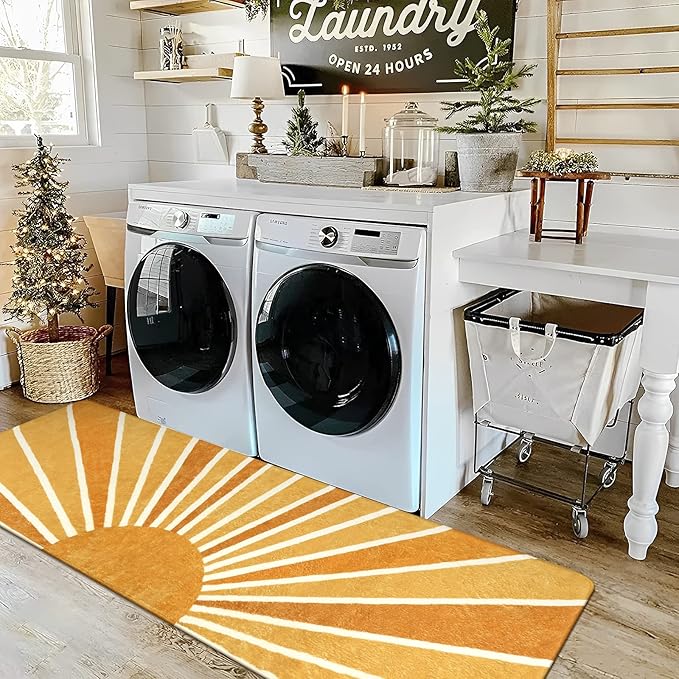 Lahome Boho Hallway Runner Rug - 2x6 Non-Slip Washable Laundry Room Rug Low-Pile Soft Throw Area Rugs for Bedroom Rainbow Sun Print Abstract Carpet Runners for Kitchen Entryway Bathroom Living Room