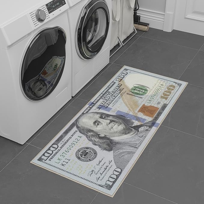 Machine Washable $100 Bill Design Cotton 22x53 Flatweave Runner Rug for Laundry Room, Bedroom, 22" x 53", Multicolor