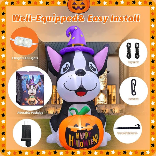 Halloween Inflatables Outdoor Decor 4.4FT Dog Hold Pumpkins Blow Up Yard Decorations with LED Lights Halloween Outside Lawn Party Decor