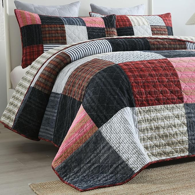 mixinni 100% Cotton Quilt Set for Queen Size Beds, Boho Patchwork Red Checkered Pattern Bedding Comforetr Set, 3-Piece Reversible Lightweight Bedspread Coverlet Set for All Season (90"x98")