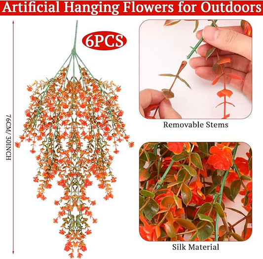 6 Pcs Artificial Fall Hanging Flowers Outdoor Silk Mum Plants Autumn Decor Faux Violet with Eucalyptus Realistic UV Resistant Trailing Vine Thanksgiving Porch Yard(Fresh Color,Plastic Style)