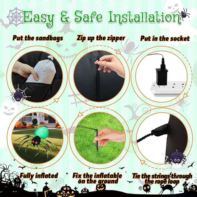 8FT Wide Halloween Inflatable Outdoor Decoration, Green Spider Inflatable Halloween Decorations Built-in Rotating Green Lights Blow up Spider Decorations for Holiday Party Yard Garden