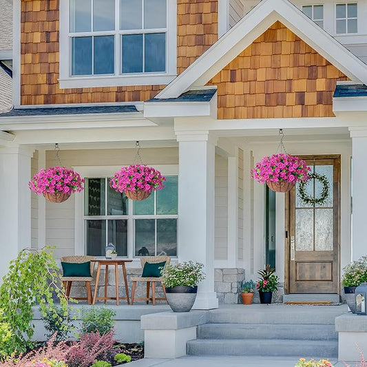 Ivydale Artificial Silk Hanging Plants Flowers Basket for Outdoor Outside Summer Decoration, Fake Faux UV Sun Resistant Look Real Morning Glory Fuchsia for Porch Patio Balcony Home