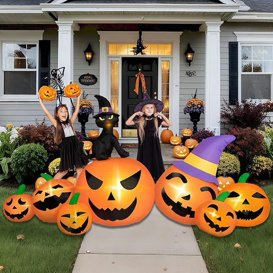 8FT Long Halloween Inflatables Pumpkin Outdoor Decorations, 7 Blow Up Pumpkins Inflatables with Witch Hat & Black Cat Built-in LED Lights for Halloween Party Yard Garden Lawn Decorations