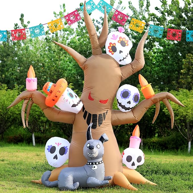 DomKom Tree Halloween Inflatable Blow Up Decorations, Dia de Los Muertos 8FT Day of The Dead Spooky Tree with Catrina Skull and Hairless Dog, Built-in LEDs for Holiday, Garden Lawn Yard Patio Décor