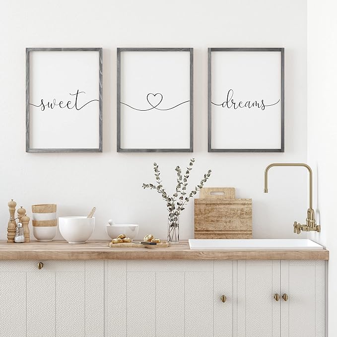 Set of 3 Framed Farmhouse Sweet Dreams Sign 11x14” Above Bed Wall Decor for Bedroom Decor Wall Art Wood Signs (11"x14", Gray)
