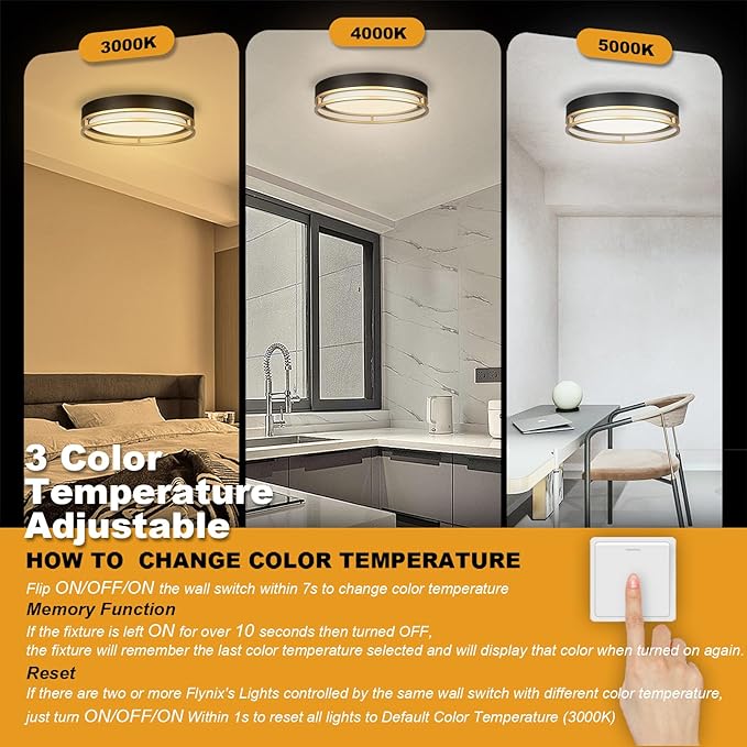 12.5 Inch LED Flush Mount Ceiling Light Fixture, 26W, Super Bright 1700 Lumens, 3 Color 3000K/4000K/5000K, Dimmable Ceiling Lamp for Bedroom Hallway Bathroom Kitchen Laundry (Black Gold)