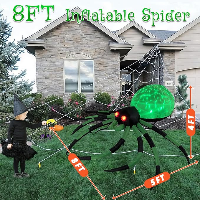 8FT Wide Halloween Inflatable Outdoor Decoration, Green Spider Inflatable Halloween Decorations Built-in Rotating Green Lights Blow up Spider Decorations for Holiday Party Yard Garden