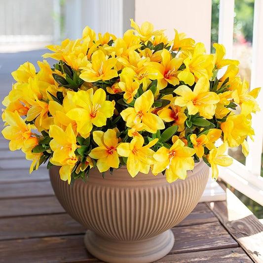 Artificial Flowers for Outdoors, 3 Bundles Fake Silk Azalea Bouquet Faux Flower Plants Outside Decoration UV Resistant Realistic Fake Flowers for Planter Front Door Patio Garden Walkways Home, Yellow