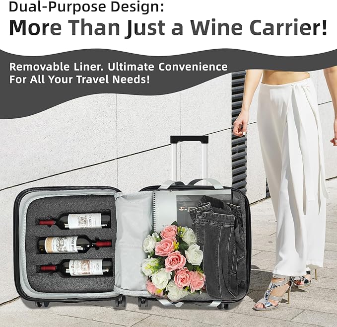 Wine Suitcase, 6 Bottle Wine Luggage, Durable Wine Travel Case, Fly With Wine Suitcase with TSA Lock, Versatile Wine Carrier with Removable Inserts and Silent Spinner WheelsïŒBlackïŒ