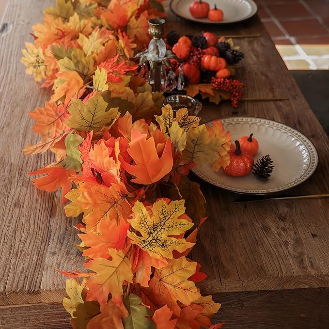 PARTY JOY 6PCS Orange Leaf Garland, 5.6Ft Halloween Garland Artificial Maple Leaf Autumn Hanging Fall Vines Thanksgiving Decorations Fall Decor
